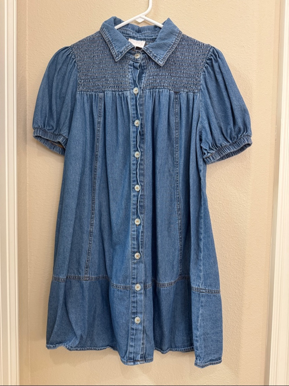 entro Blue Denim Button-Front Smocked Yoke Casual Dress